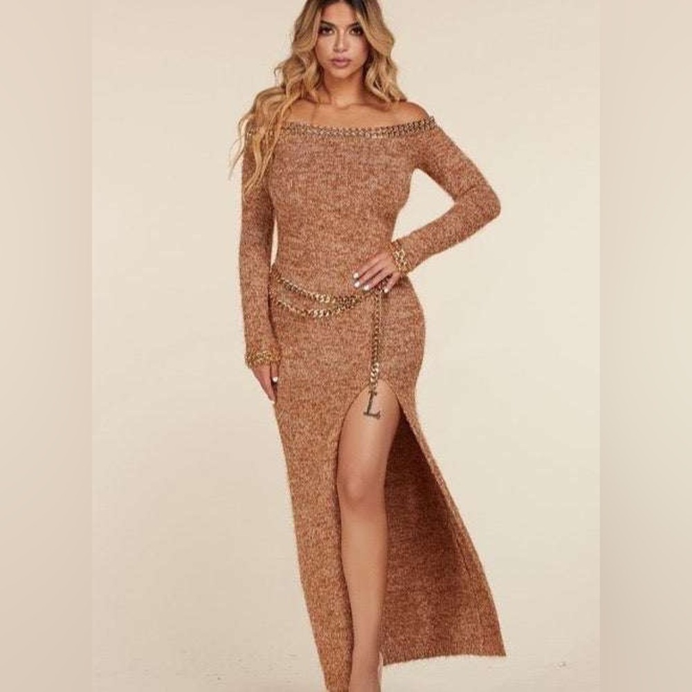 L’ATISTE Gold Trim Off-Shoulder Knit Maxi Dress Brown Size Medium